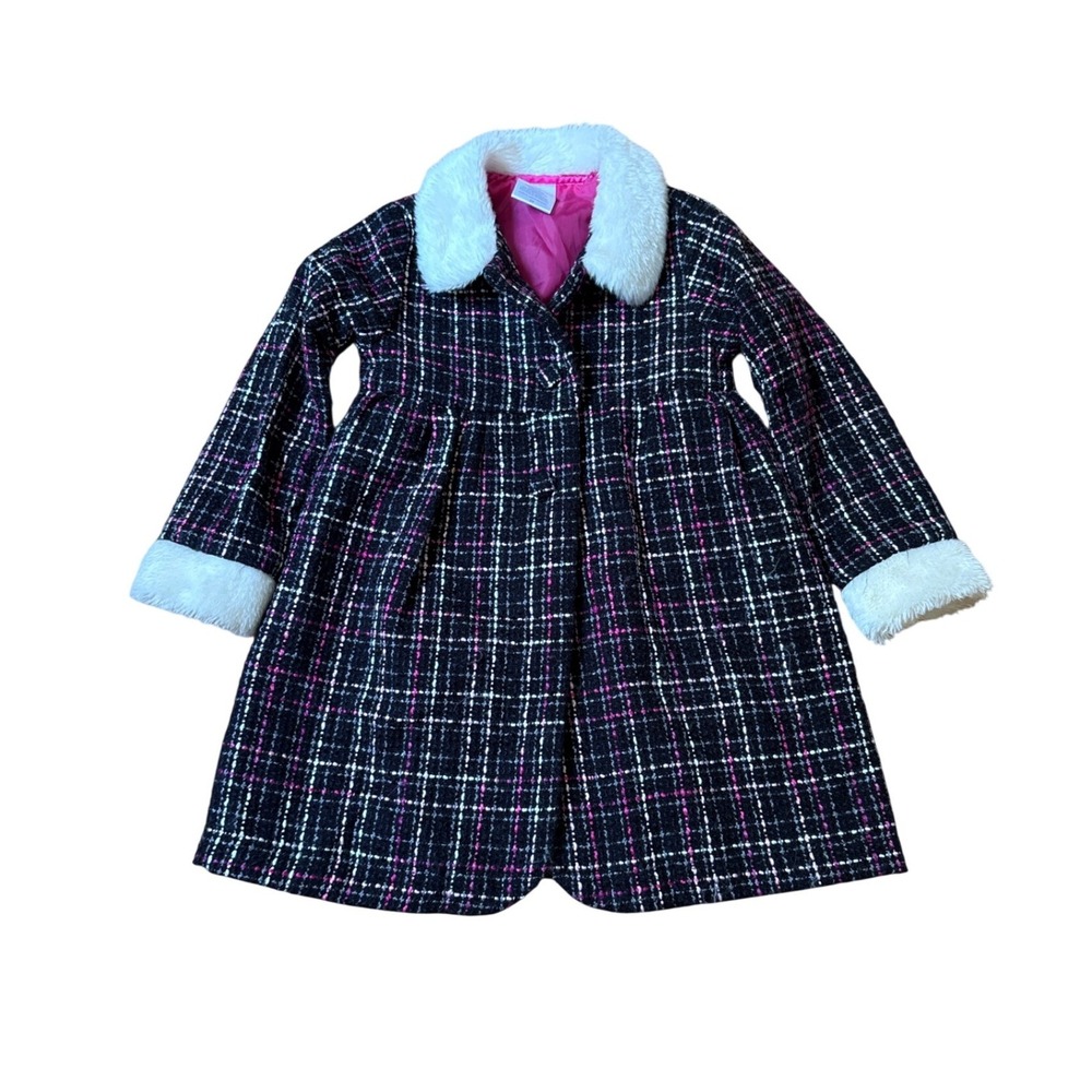 Holiday Editions Tweed Coat Girls Black Pink Plaid Faux Fur Trim SIZE 3T